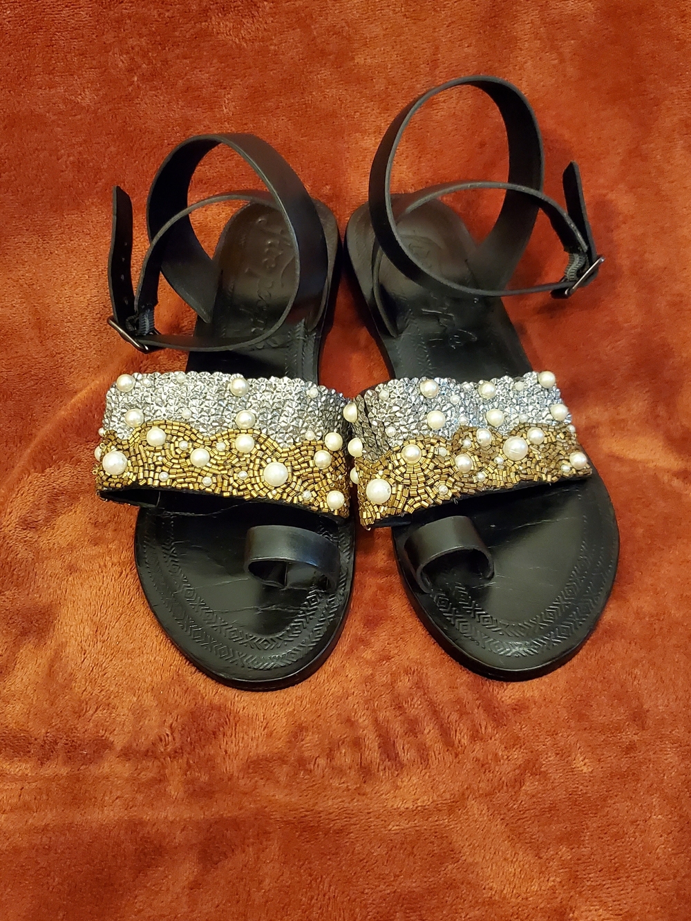 FREE PEOPLE Beaded Pearl-Accent Flat Black Leather Sandals